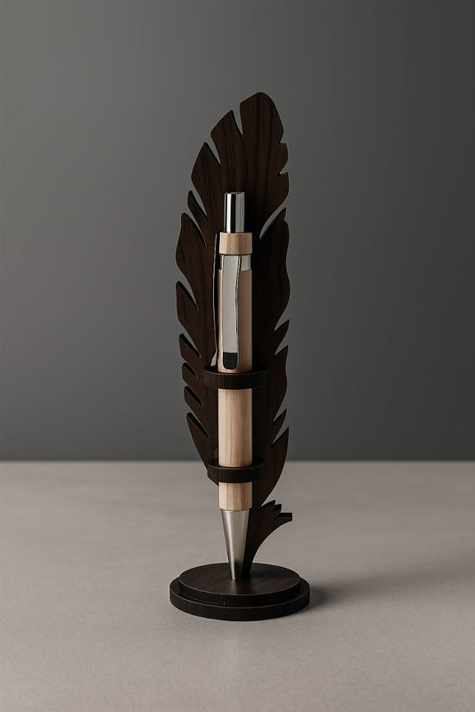 "Wooden Feather Pen Stand with Premium Ball Pen – Luxury Gift Combo