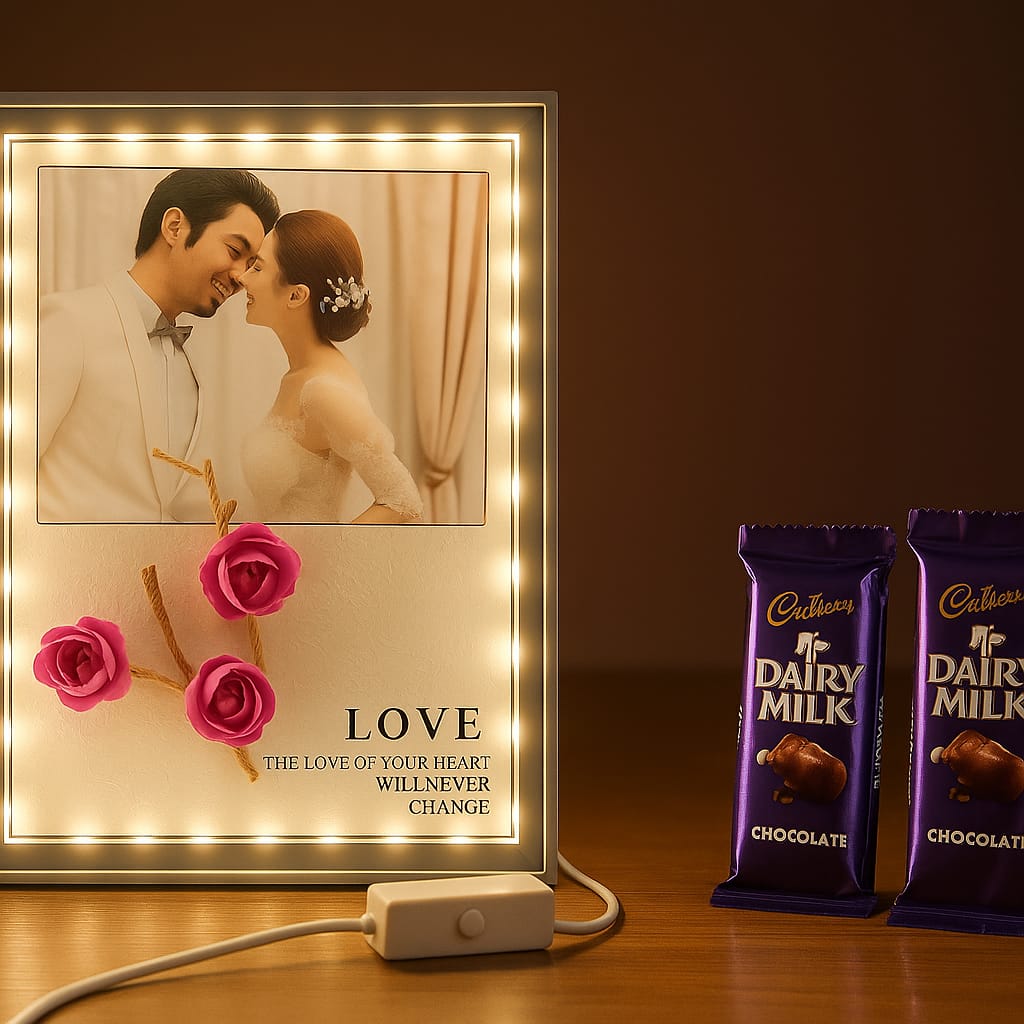 Romantic LED Wedding Photo Frame with 2 Dairy Milk Chocolates – Gift Combo | QuickPickDelhi